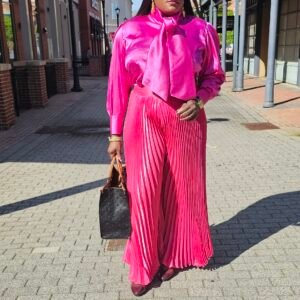 Exclusive 2 Piece Plisse Pants and Bow Tie Top - Image 5