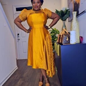 Premium silk Gold Women's dress with side plisse. - Image 4