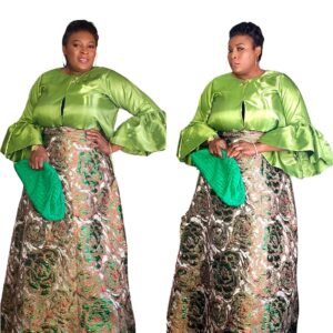 Premium green and lemon Brocade Flare Blouse and A-line Women's Skirt. - Image 1