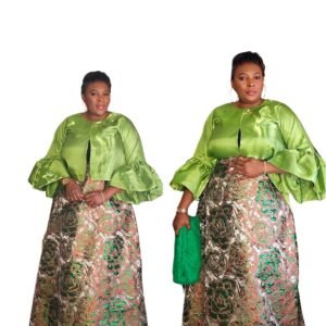 Premium green and lemon Brocade Flare Blouse and A-line Women's Skirt. - Image 2