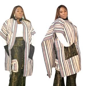 Premium 2-Piece Cream and Gold Vintage African Aso-oke Women's Kimono and Cargo Pants Set.  - Image 2