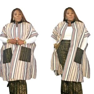 Premium 2-Piece Cream and Gold Vintage African Aso-oke Women's Kimono and Cargo Pants Set.  - Image 1