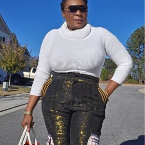 Premium 2-Piece Cream and Gold Vintage African Aso-oke Women's Kimono and Cargo Pants Set.  - Image 3