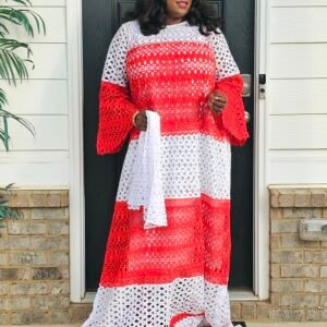 African Women's White and Red Swarovski Stoned Lace Kaftan - Image 1