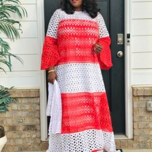 African Women's White and Red Swarovski Stoned Lace Kaftan - Image 3
