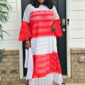 African Women's White and Red Swarovski Stoned Lace Kaftan - Image 4