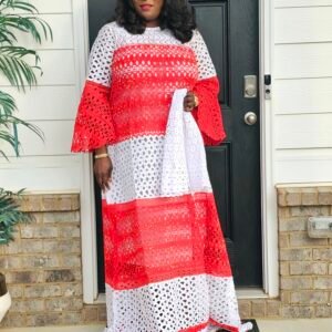 African Women's White and Red Swarovski Stoned Lace Kaftan - Image 5