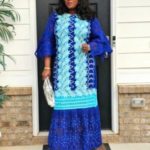African Women's Blue Swarovski Stoned Lace Kaftan - Image 1