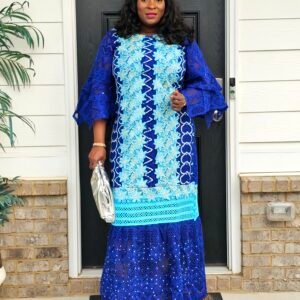 African Women's Blue Swarovski Stoned Lace Kaftan - Image 3