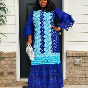 African Women's Blue Swarovski Stoned Lace Kaftan - Image 7