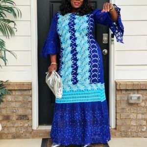 African Women's Blue Swarovski Stoned Lace Kaftan - Image 4