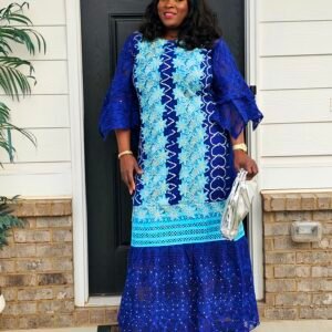 African Women's Blue Swarovski Stoned Lace Kaftan - Image 5