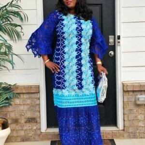 African Women's Blue Swarovski Stoned Lace Kaftan - Image 6