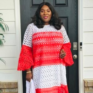 African Women's White and Red Swarovski Stoned Lace Kaftan - Image 6