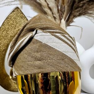 Tan and White African Men’s Aso-oke Cap - Image 1