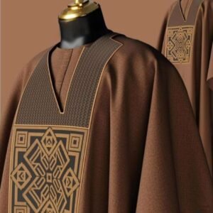 African Men’s 3 Piece Brown monogrammed Agbada Set - Image 1