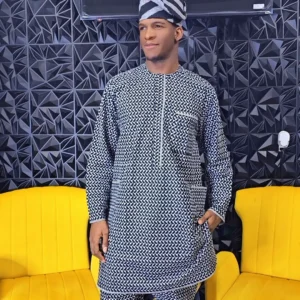 Black and White African Men's 2 Piece Polished Lace Kaftan - Image 1