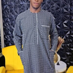 Black and White African Men's 2 Piece Polished Lace Kaftan - Image 4