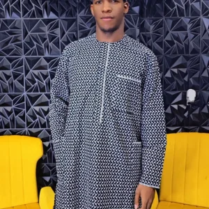 Black and White African Men's 2 Piece Polished Lace Kaftan - Image 5