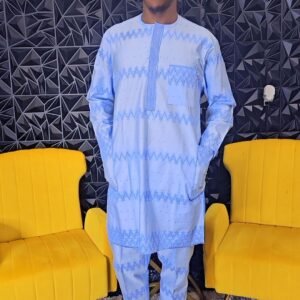 Blue African Men's 2 Piece Kaftan Polished Lace Set - Image 2