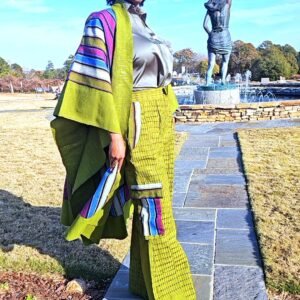 Green Vintage African Aso-oke Women's Kimono &Cargo Pants Set - Image 2