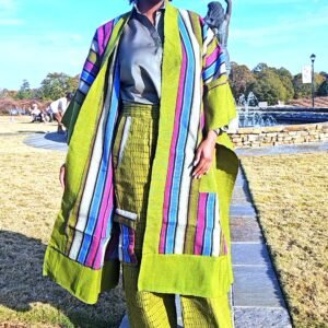 Green Vintage African Aso-oke Women's Kimono &Cargo Pants Set - Image 1