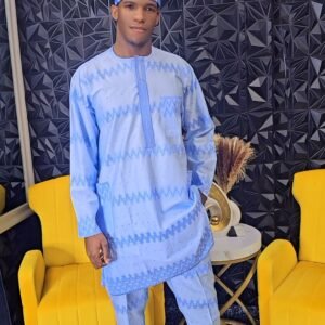 Blue African Men's 2 Piece Kaftan Polished Lace Set - Image 1