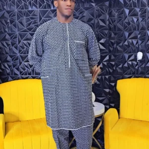 Black and White African Men's 2 Piece Polished Lace Kaftan - Image 3