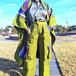Green Vintage African Aso-oke Women's Kimono &Cargo Pants Set - Image 3