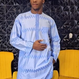 Blue African Men's 2 Piece Kaftan Polished Lace Set - Image 5