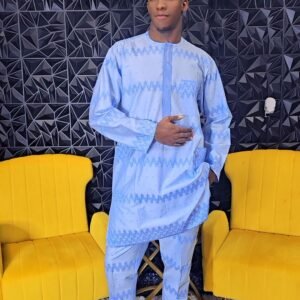 Blue African Men's 2 Piece Kaftan Polished Lace Set - Image 3