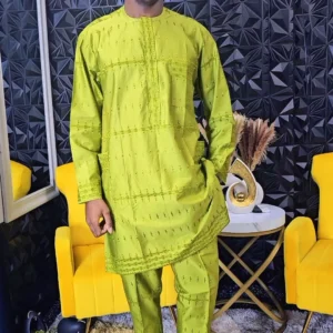 African Men's Green Polished Lace Set - Image 1